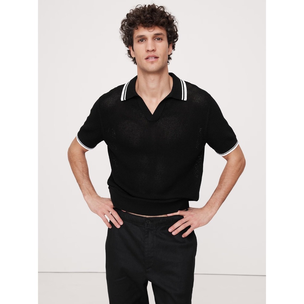 NWT Men's Banana Republic Cotton Zig Zag‎ Sweater Polo MEDIUM TALL M/T Black